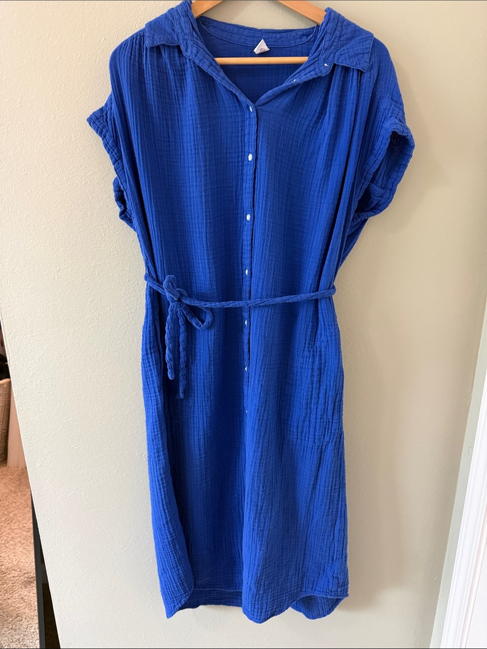 Old Navy Electric Blue Button-Front Midi Dress with Tie Belt